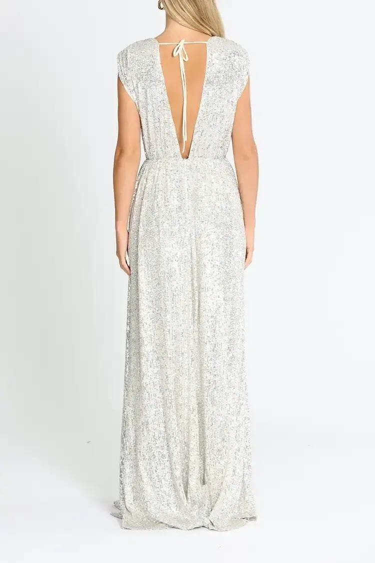 Elle Zeitoune Wrap Style V Neck Sequin Gown Silver Size 10 photo 3