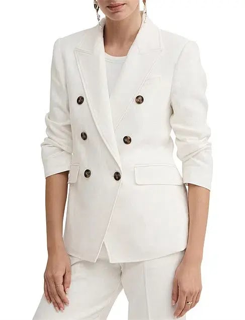 Witchery Linen Double-Breasted Crop Sleeve Blazer White Size 8 photo 3