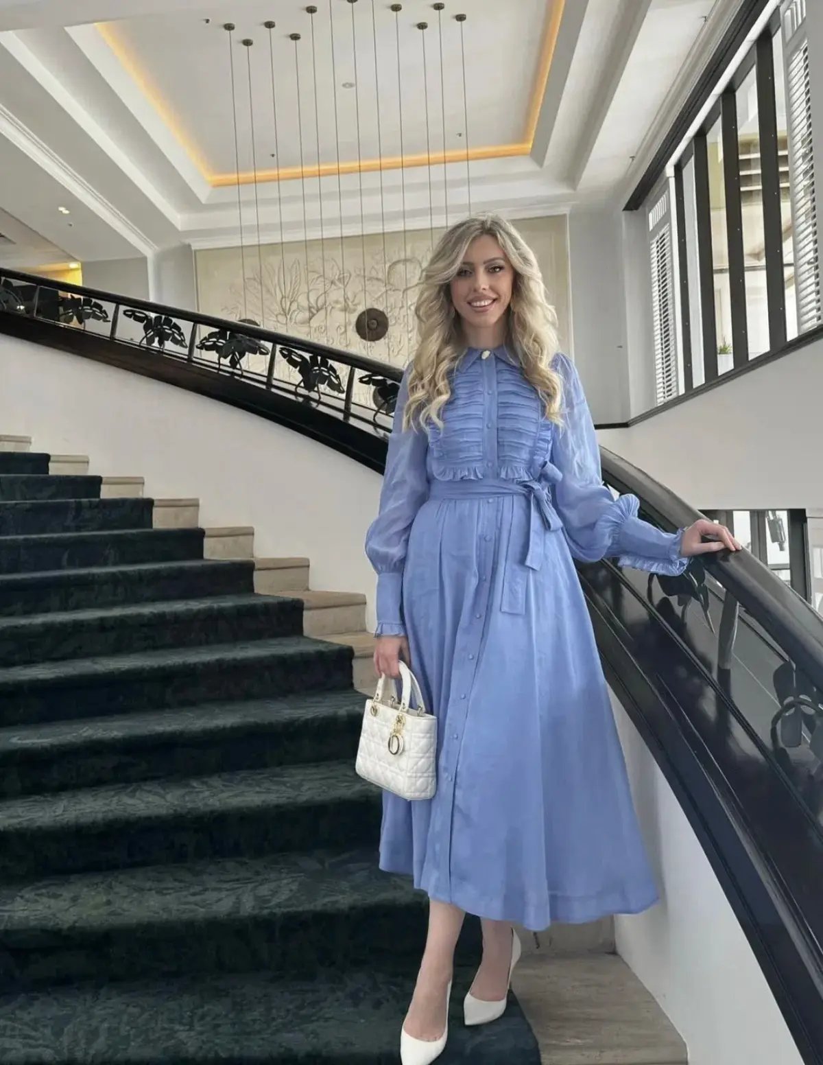 Aje Iris Pleated Bib Midi Dress in Mist Blue Size 10 photo 4