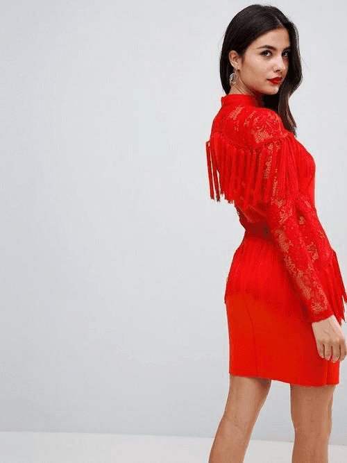 Ultimate Fringe Long Sleeve Lace Red Mini Dress Size 6 photo 3