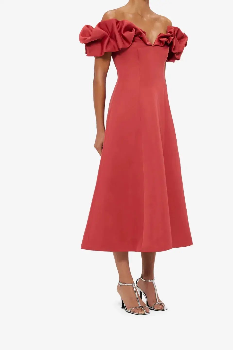 Leo Lin Annie Off Shoulder Frill Midi Dress Red Size 14 photo 3