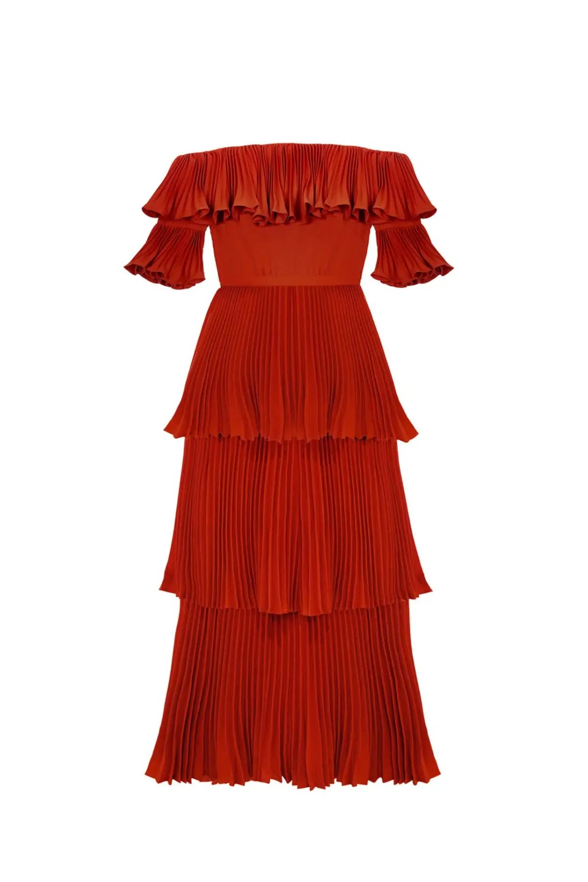 Self Portrait Flounced Off the Shoulder Pleated Maxi Dress Crimson Red Size 6 photo 3