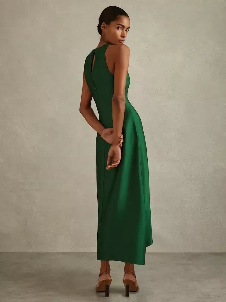 Reiss Micah Satin Drape Tuck Midi Dress In Green Size AU 10 photo 2