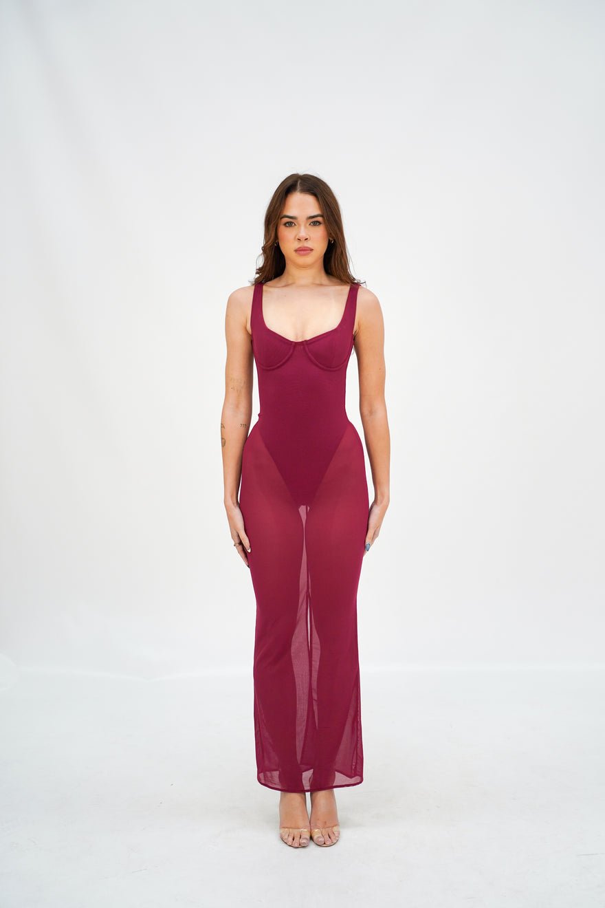 House of CB Robina Wine Stretch Mesh Maxi Dress photo 3