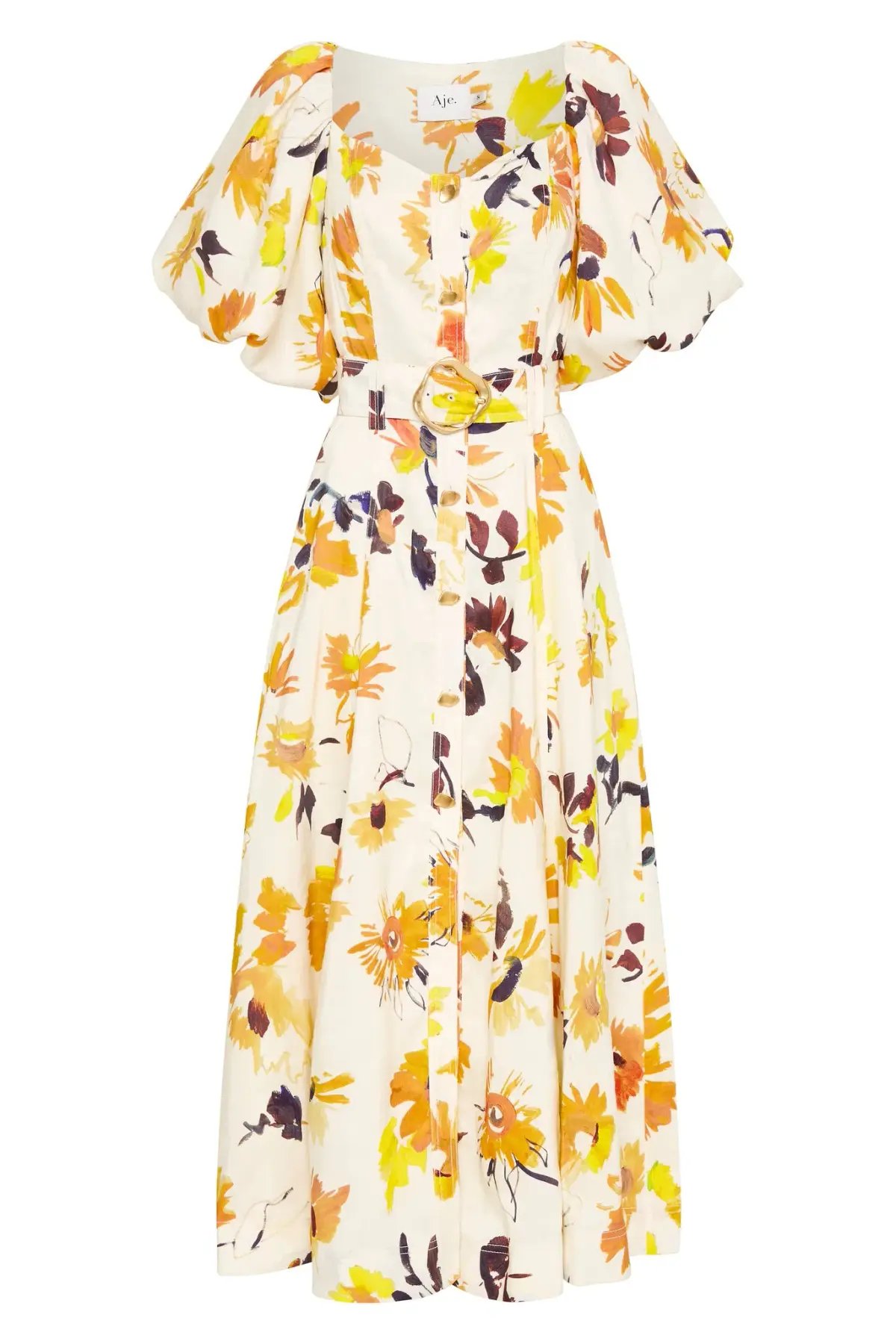 Aje Soleil Belted Midi Dress Pressed Sunflowers Size 10 photo 4