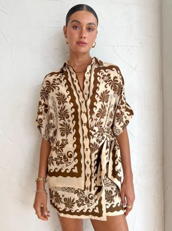 Alemais Tropic Shirt and Sarong Set Choc / Cream Size 10 photo 2