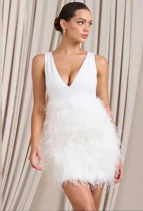 Club L London Flirt  Plunge Front Mini Dress with Feather Skirt White Size 4 photo 2