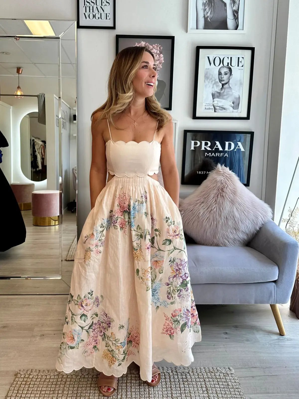 Zimmermann Halliday Scallop Midi Dress Cream Watercolour Floral Size 1 / AU 10 photo 2
