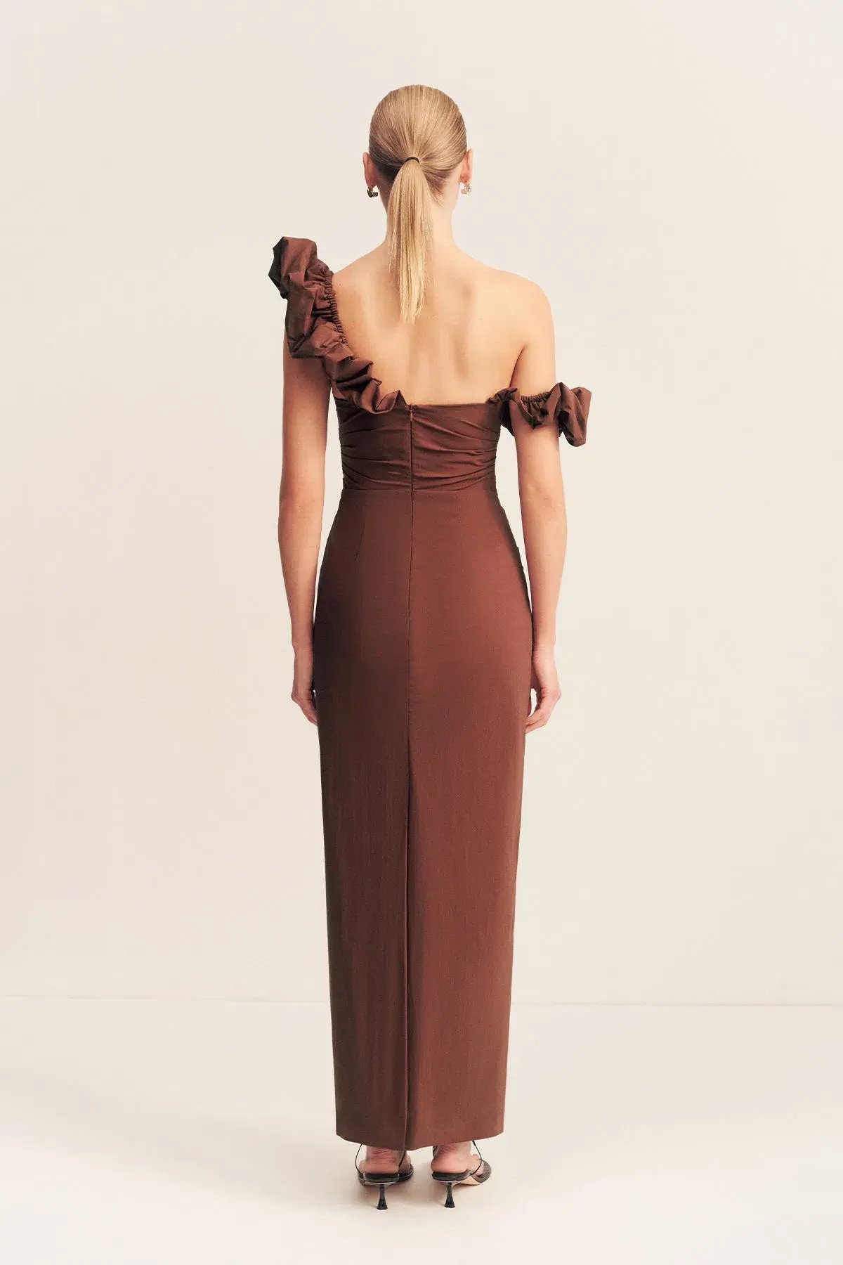 Shona Joy Campbell Ruffle Draped Maxi Dress in Espresso Size 14 photo 3
