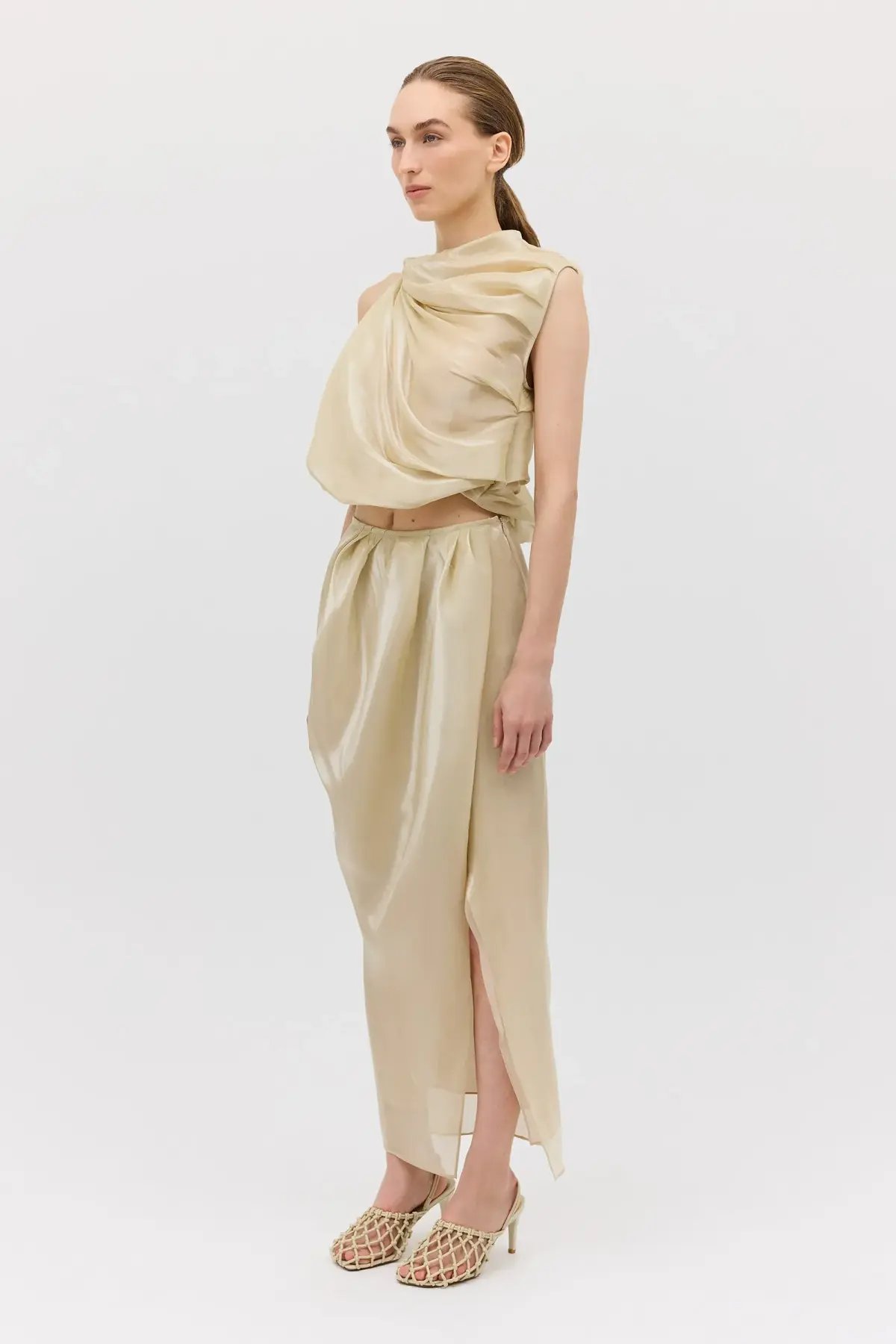 Bianca Spender Champagne Liquid Organza Tumble Top Gold Size 8/S photo 3