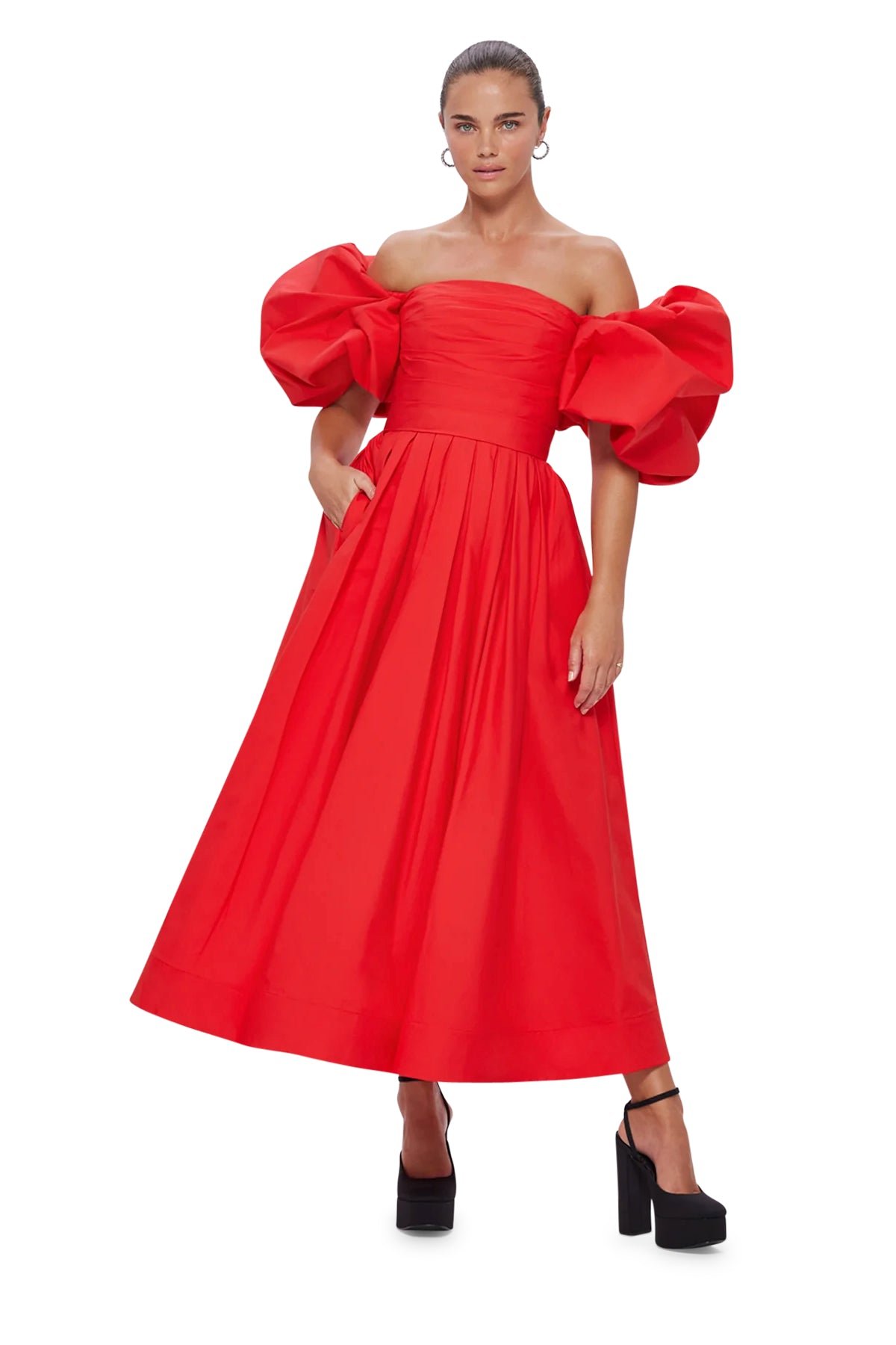 LEO LIN MATILDA PUFF SLEEVE MIDI DRESS - SCARLET photo 6
