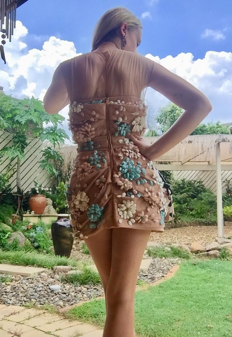 Blumarine 3D Floral Cocktail Dress Nude Size 6 photo 2
