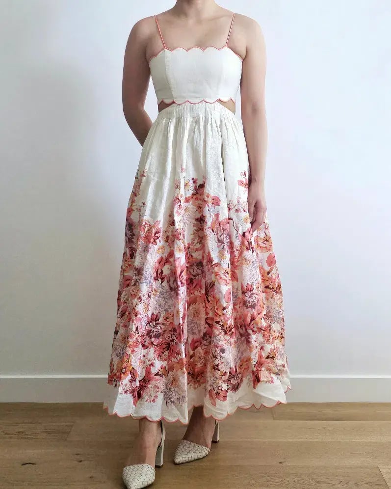 Zimmermann The Devi Scallop Midi Dress in Cream Floral Size 0 /Au 8 photo 3