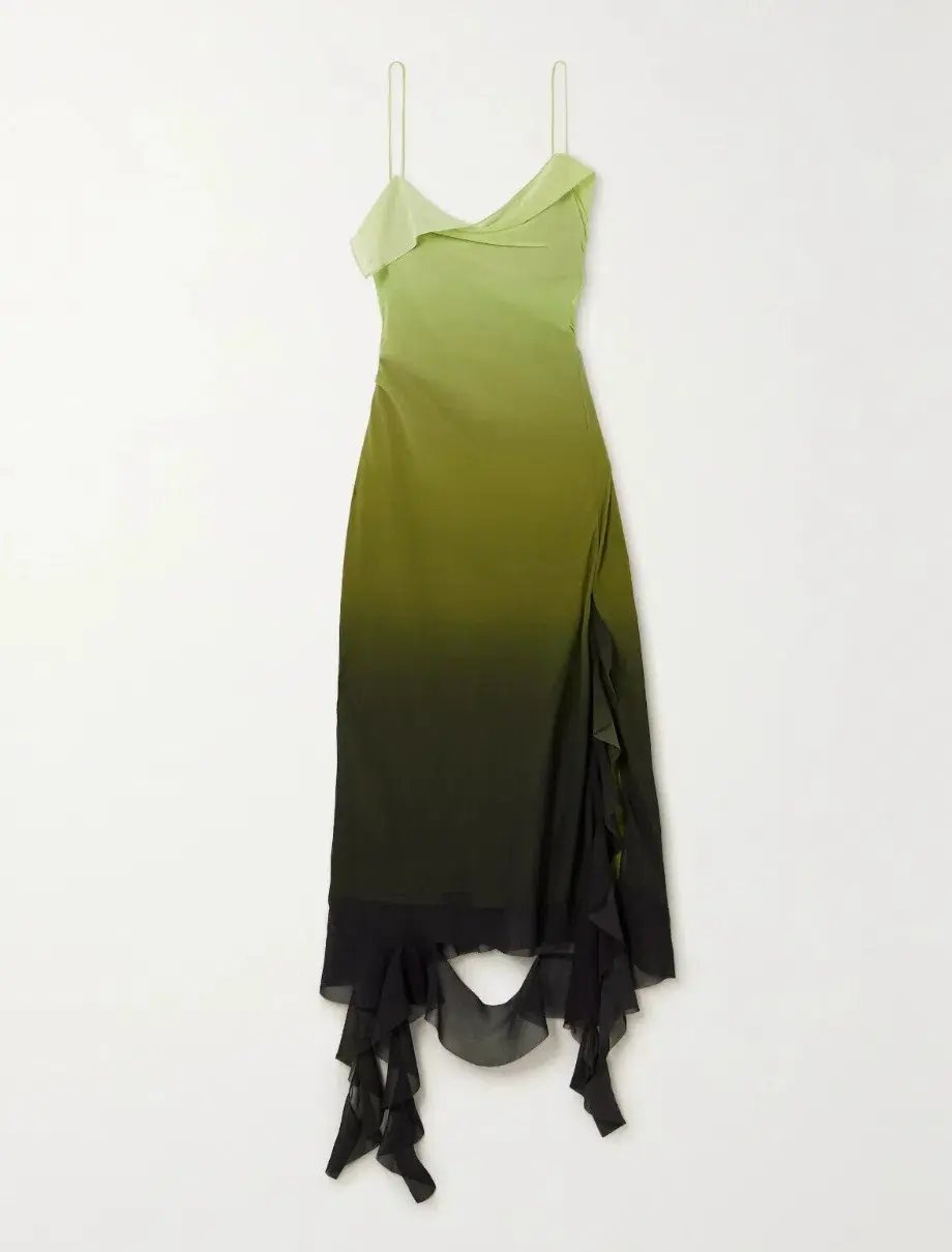 Acne Studios Asymmetric Ruffled Ombré Chiffon Midi Dress Green Size 10 photo 4