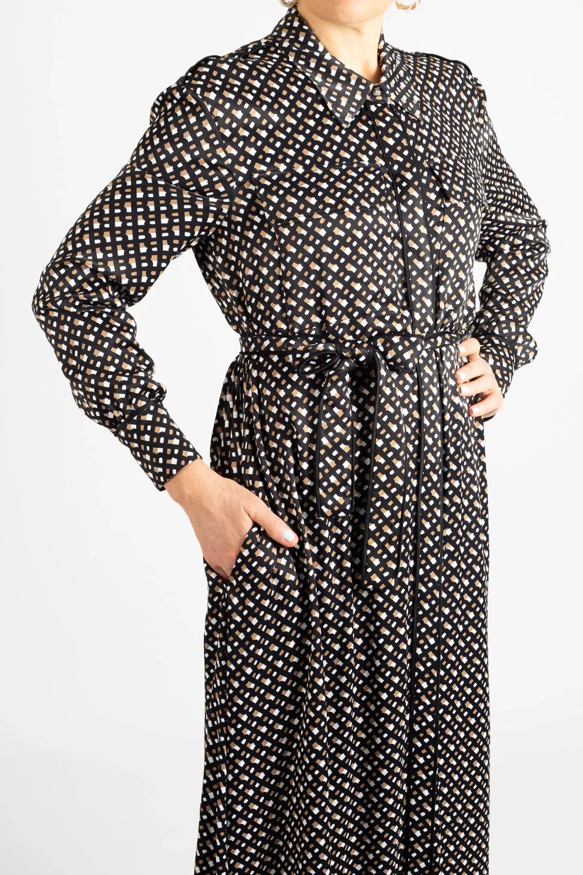 Hugo Boss Long-Sleeved Shirt Dress in Monogram-Print Fabric Patterned Size 10 photo 5