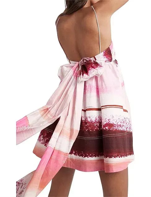 Aje Kasbah Sunset Stripe Ruched Bow Back Mini Dress Print Size 6 photo 3
