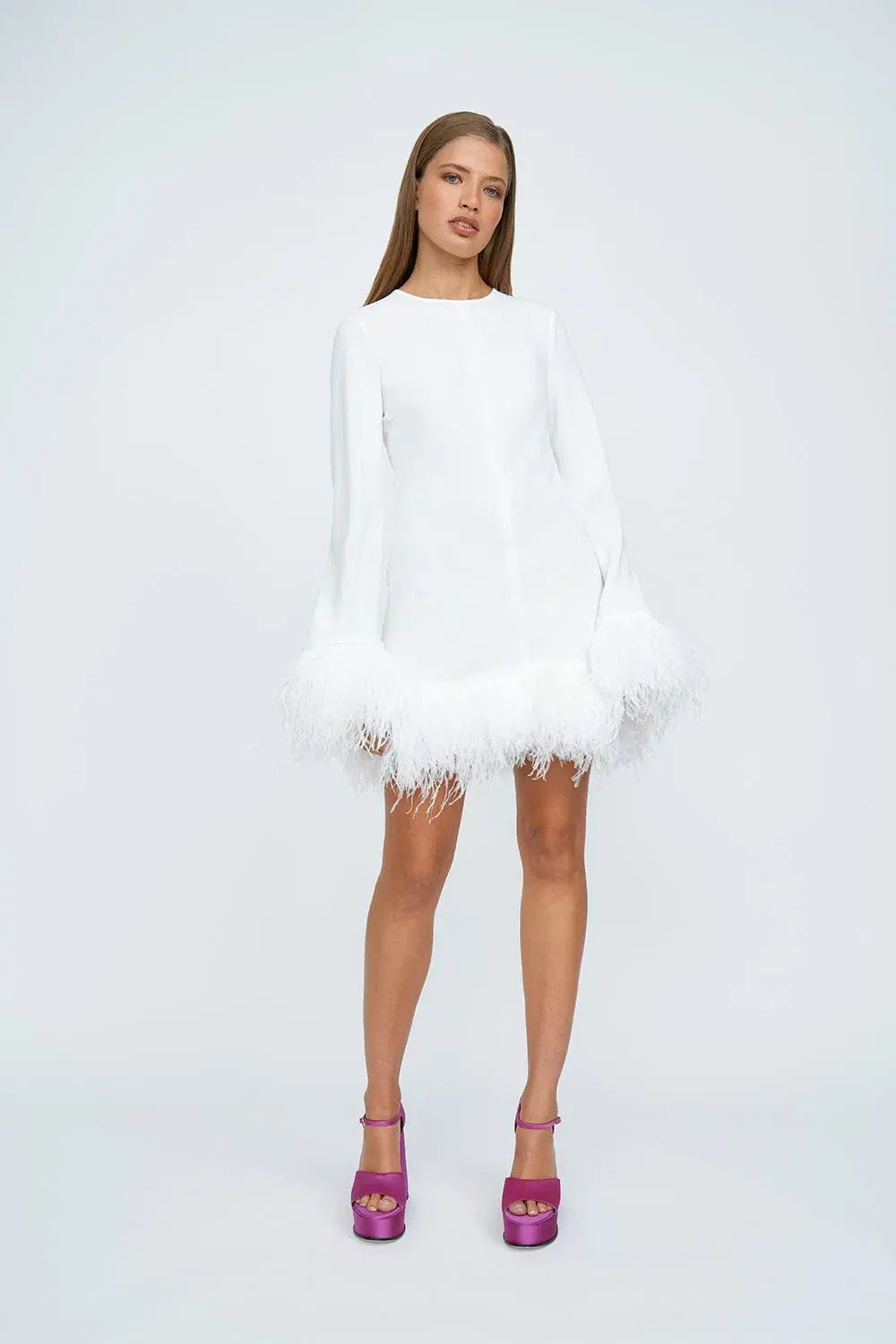 By Johnny Nicola Feather Trimmed Mini Dress Ivory Size 6 photo 2