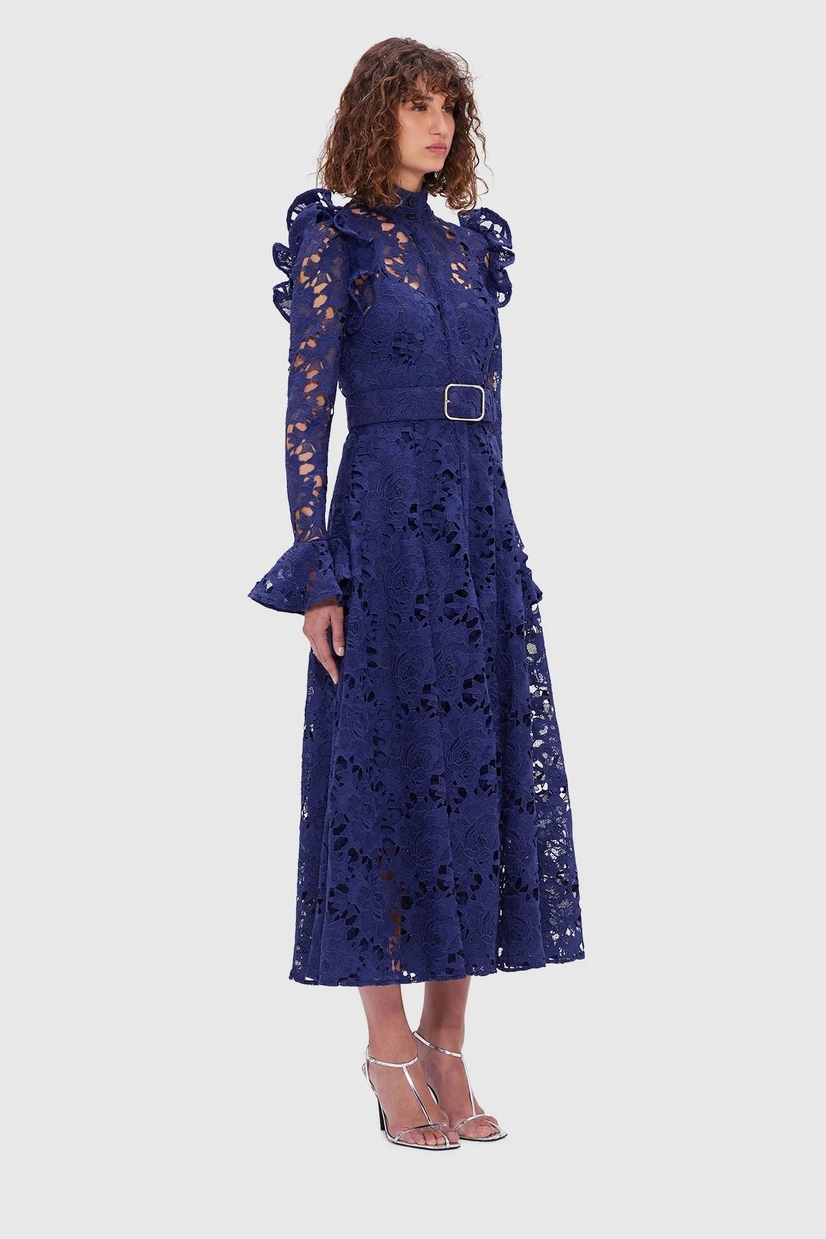 LEO LIN ALIYAH LACE BUTTERFLY SLEEVE MIDI DRESS - OXFORD BLUE photo 3