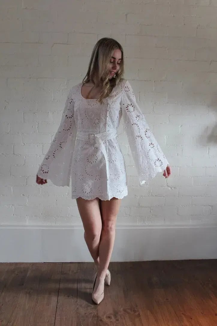 Alice McCall Obscurity Broderie Anglaise Bell Sleeve Belted Mini Dress White Size 8 photo 5