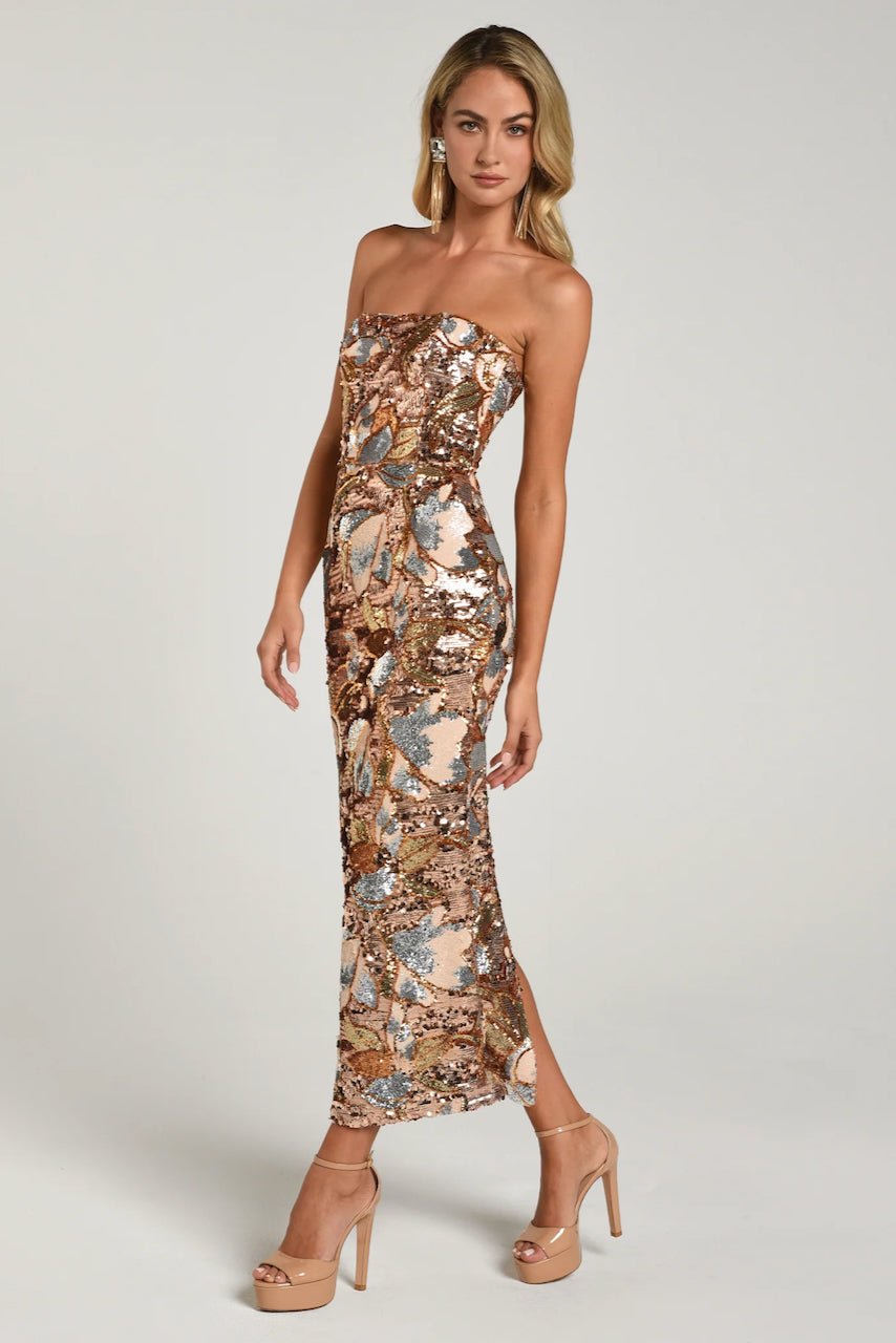 HELSI LESLIE SEQUIN MIDI DRESS - GOLD PLATINUM photo 2