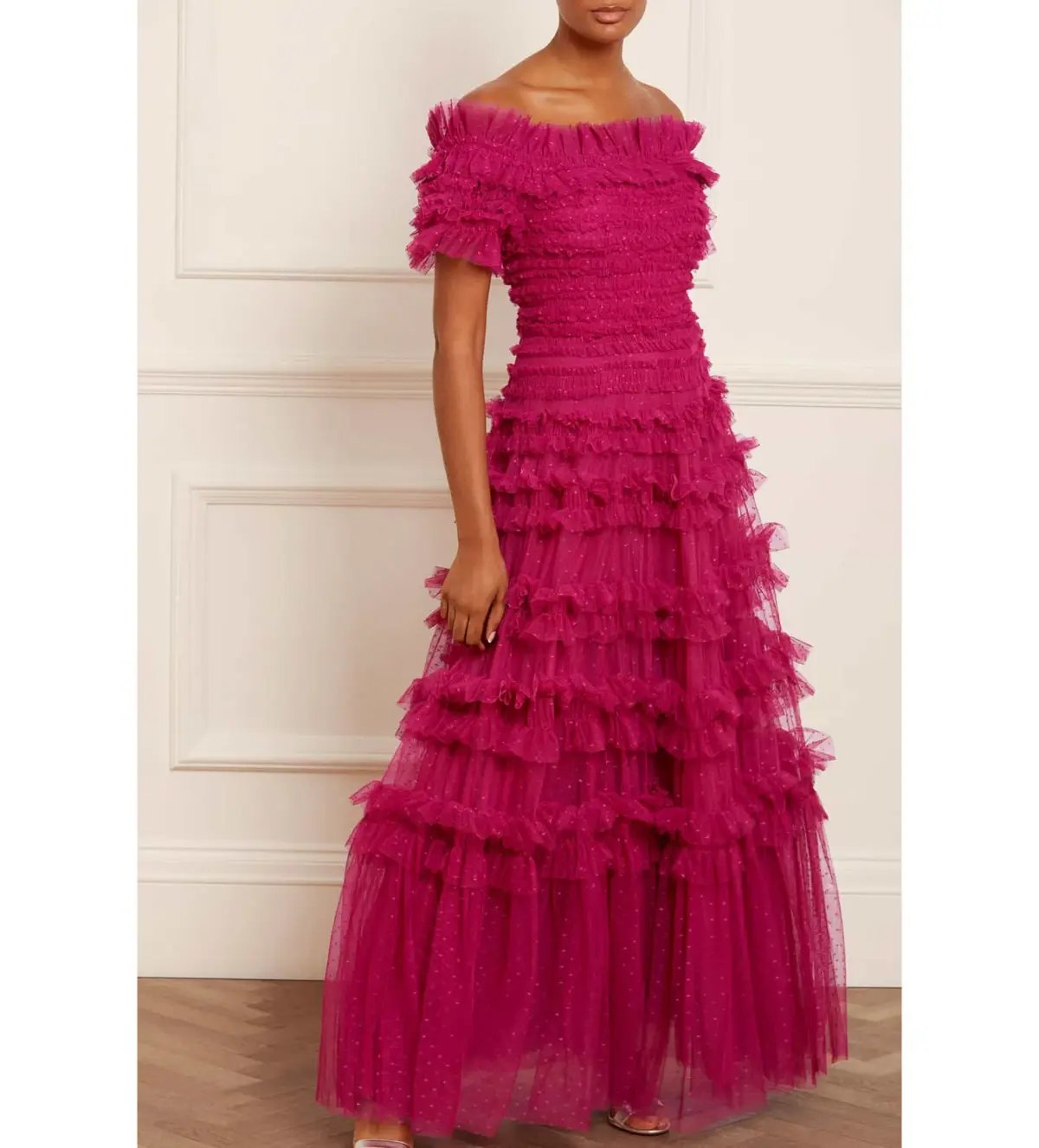 Needle And Thread Lisette Ruffle Off Shoulder Gown Fuschia Size 12 photo 2