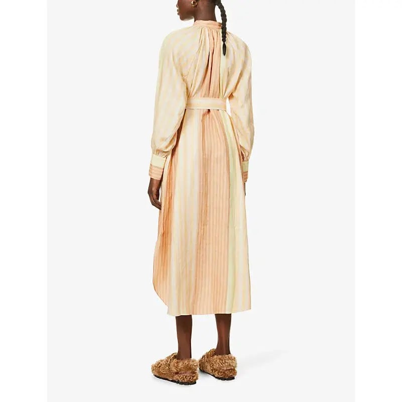 Oroton Striped Long Sleeve Belted Straight Fit Linen Midi Dress Almond Milk Size 12 photo 3