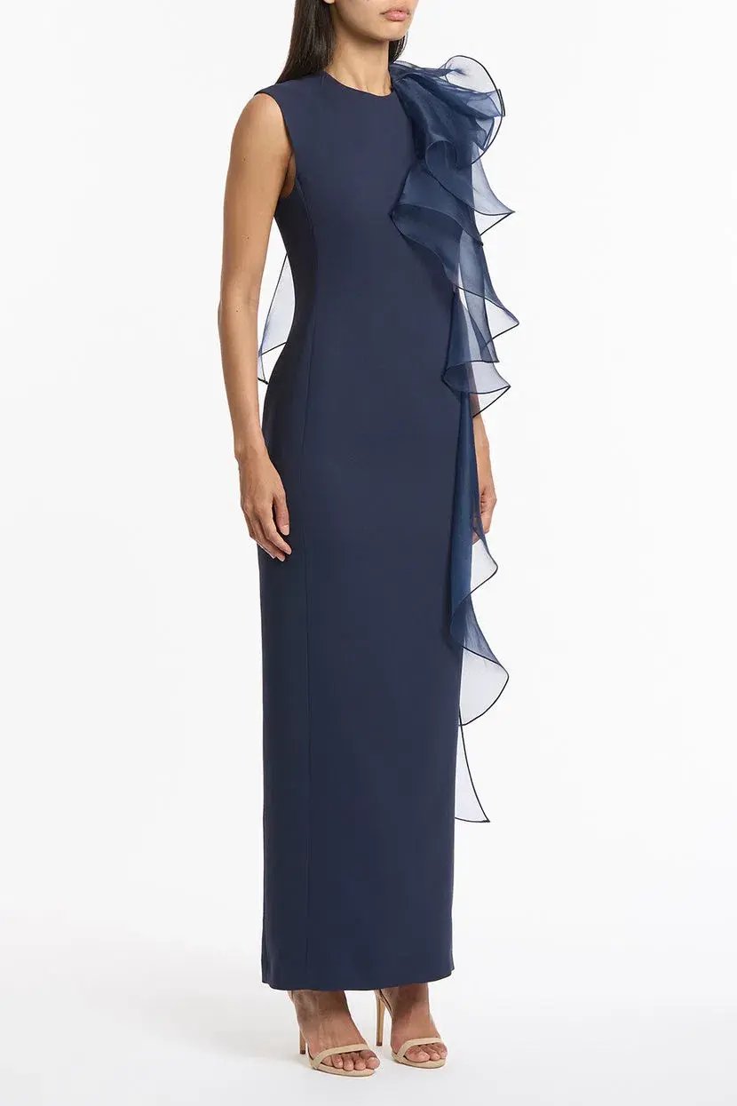 Carla Zampatti Crepe Ruffle Shoulder Gown Navy Size 6 photo 2