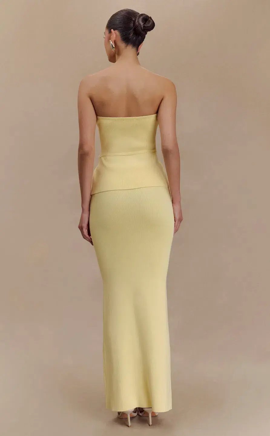 Meshki Keaton Strapless Rose Tie Knit Top and Fishtail Knit Maxi Skirt Set in Lemon Size 8 photo 3