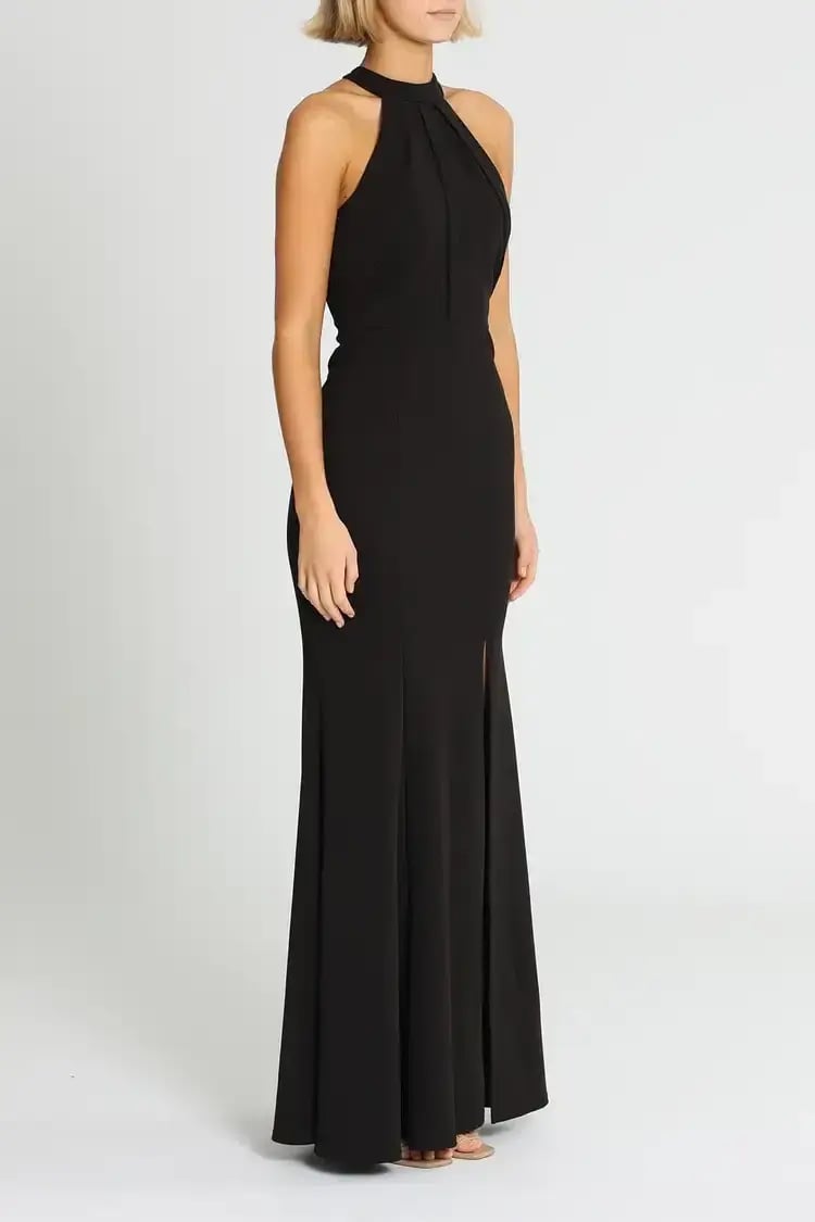 L'amour High Neck Scuba Crepe Gown in Black Size 14 photo 2