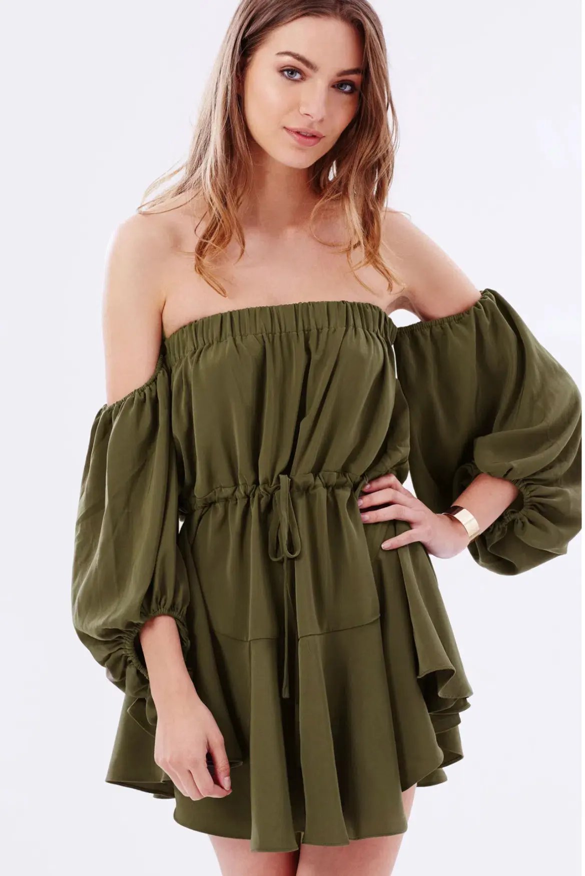 Shona Joy Leticia Off The Shoulder Tie Mini Dress Green Size 8 photo 2