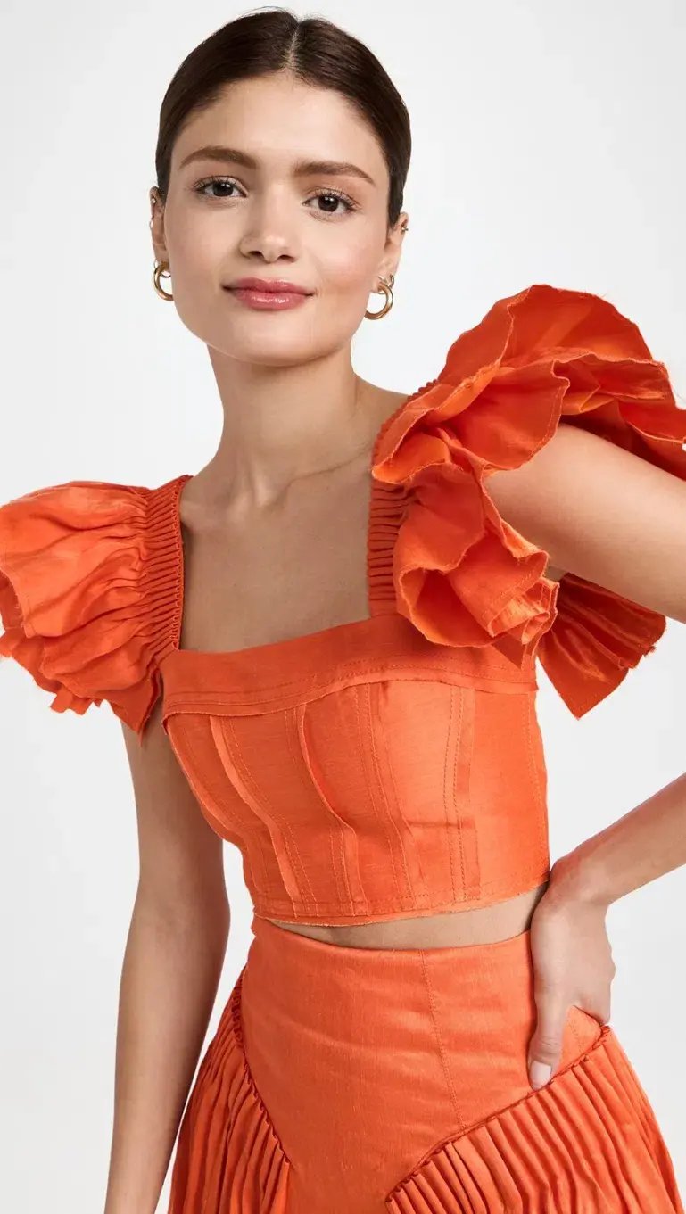 Aje Imagination Frill Sleeve Top Orange Size 14 & Yves Midi Skirt Size 12 photo 5