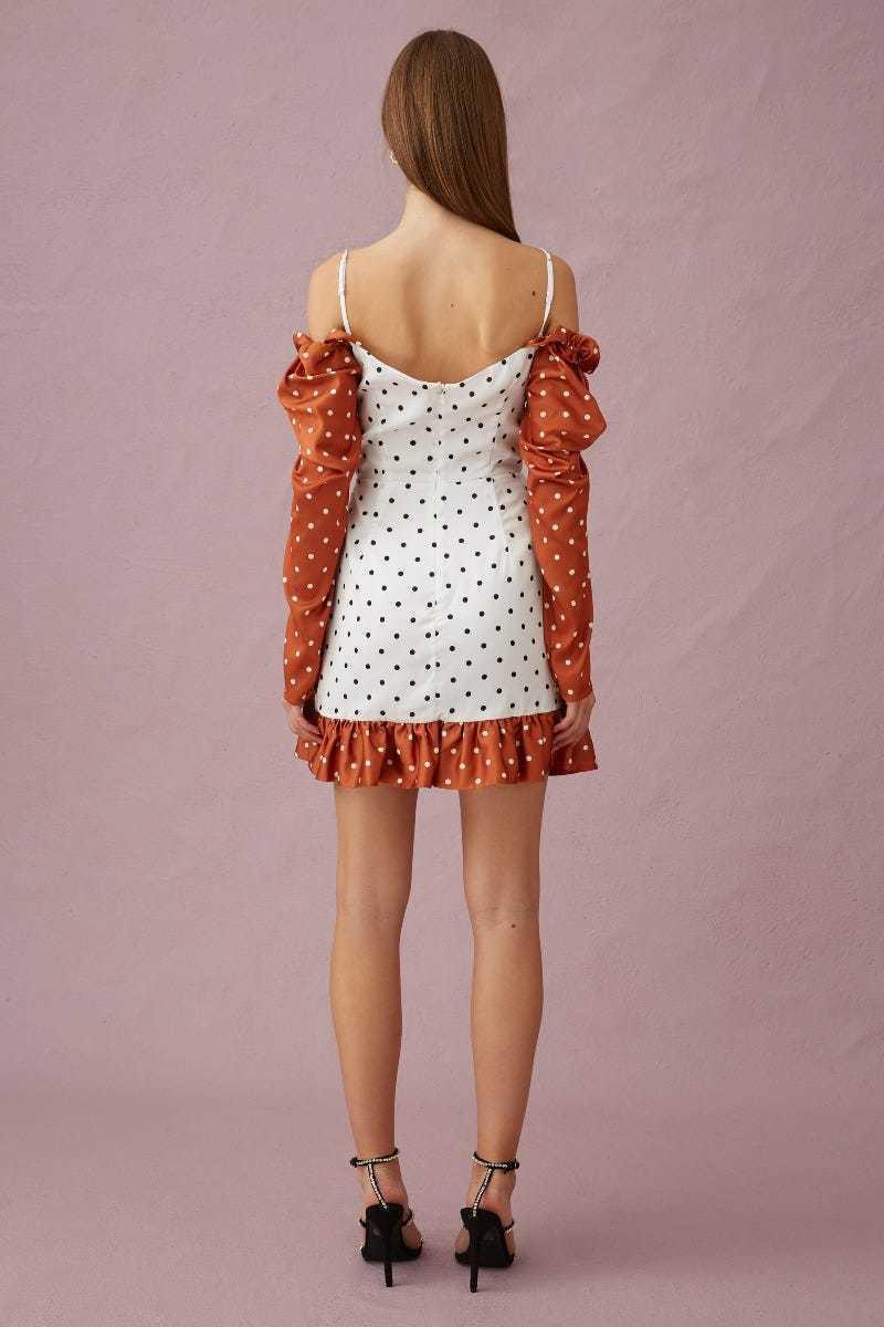 Keepsake The Label Butterflies Long Sleeve Mini Dress Tobacco Polkadot Dress Size 8 photo 3