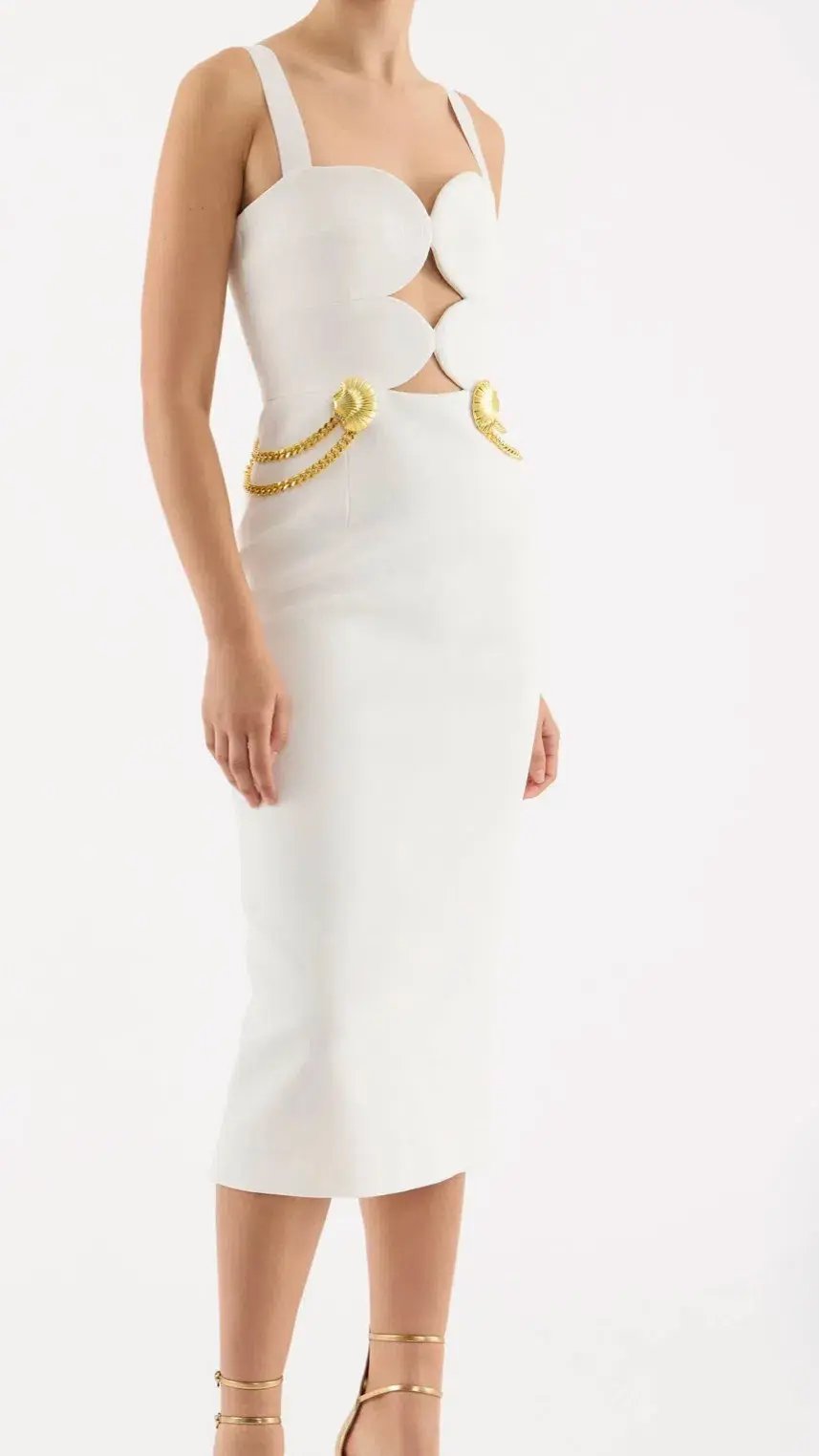 Rebecca Vallance Chelsea Gold Shell Detail Midi Dress White Size 6 photo 3