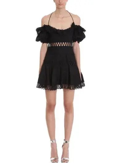 Zimmermann Melody Off Shoulder Linen And Cotton Blend Mini Dress Black Size 1 / AU 10 photo 2