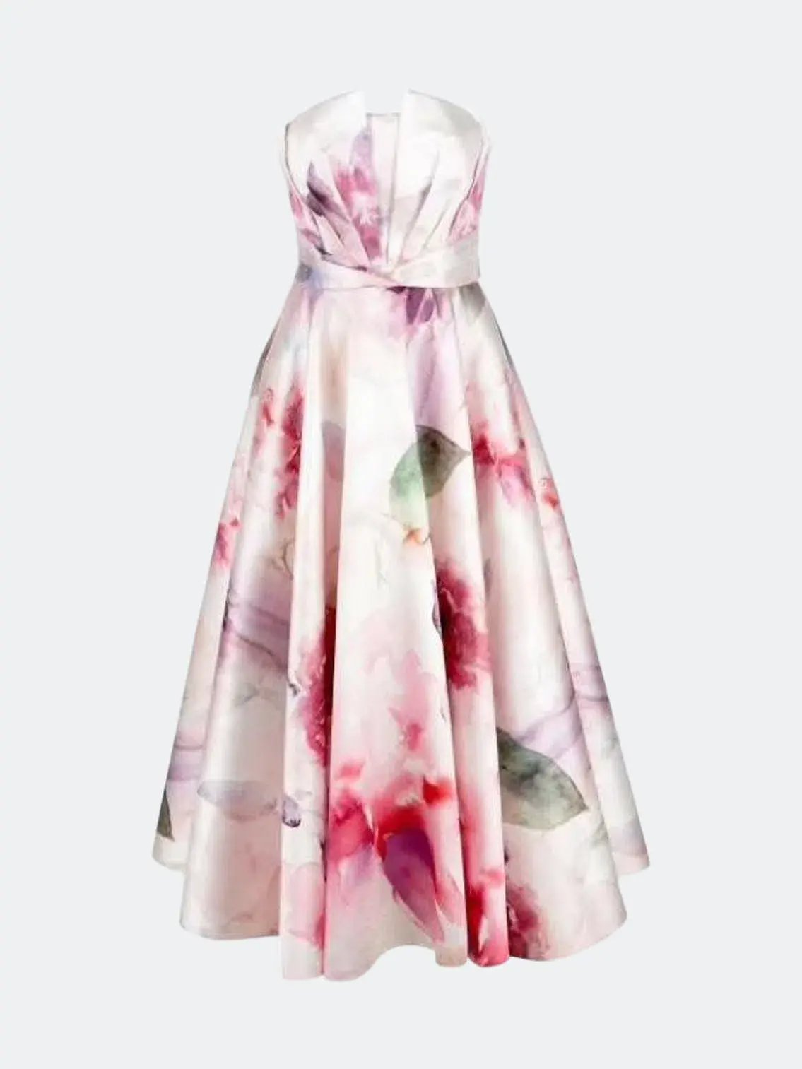Marchesa Notte Strapless Draped Printed Mikado Pique Tea Length Dress Blush Size 12 photo 4