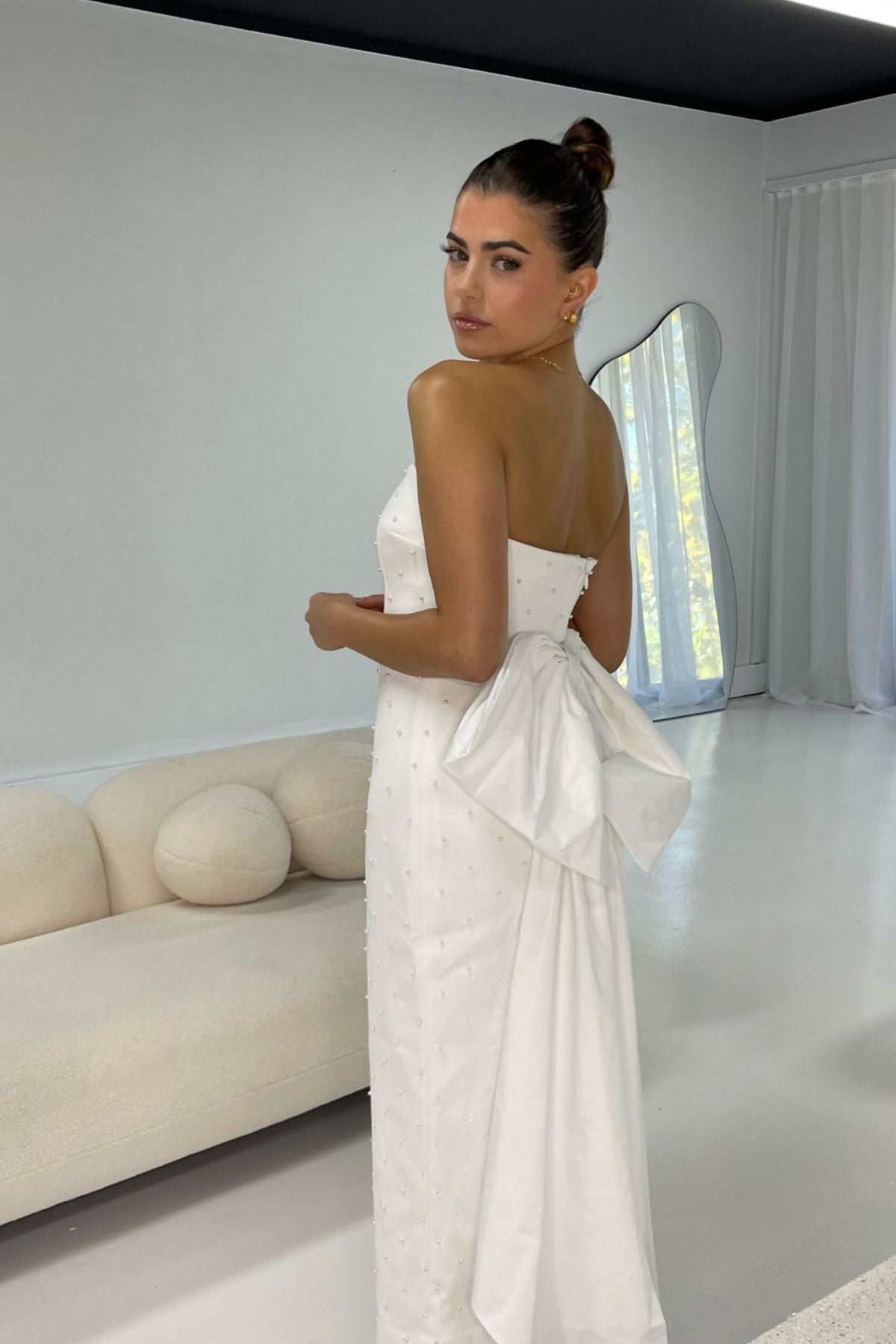 Perle Bow Midi Dress in Ivory White photo 2