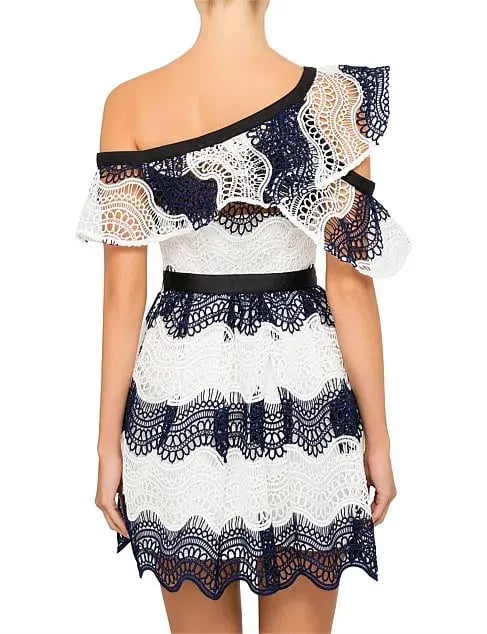 Self Portrait Wave Lace Frill Minidress Dress White/Navy Size10 photo 2