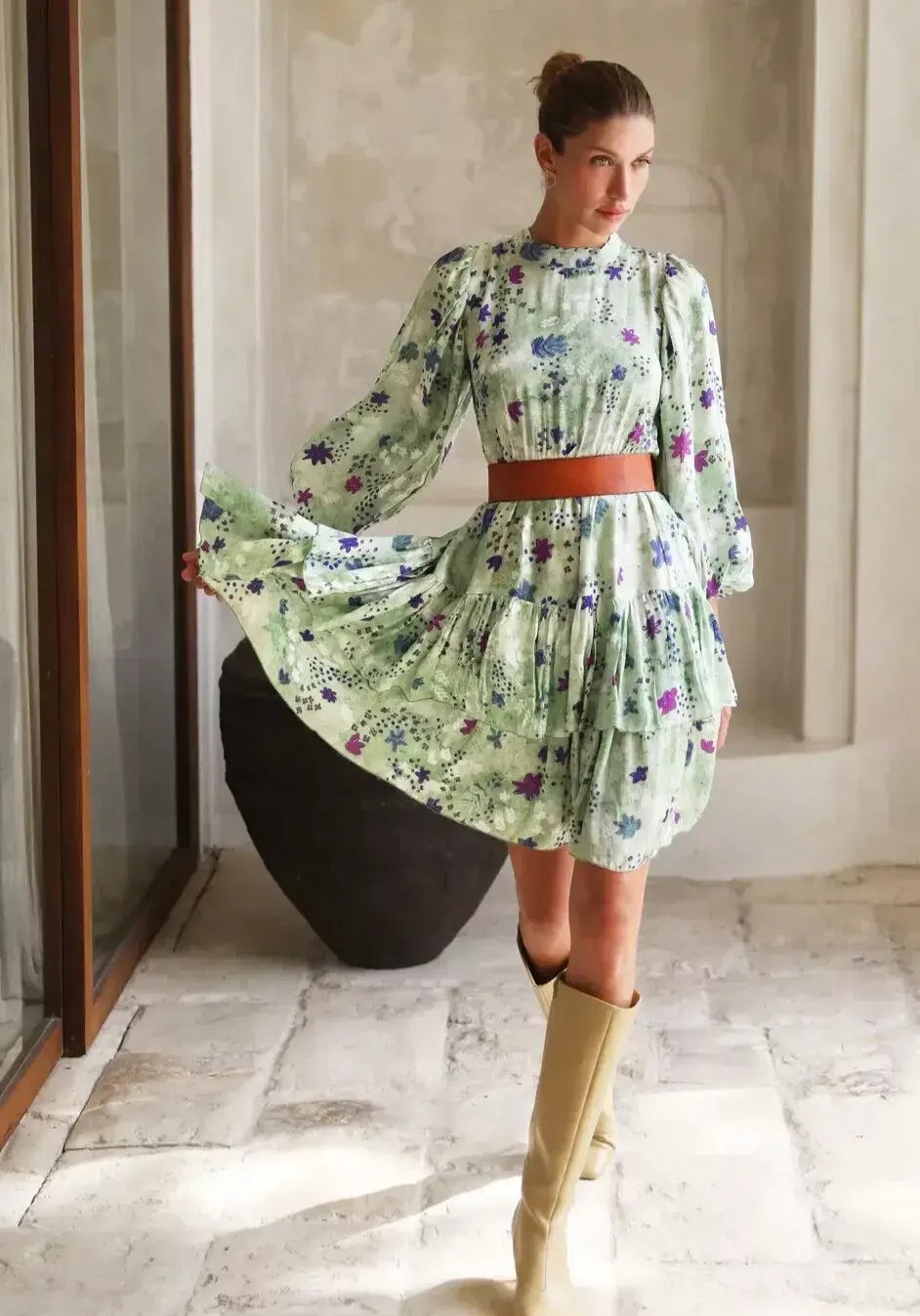 Frank & Dollys Viamo Cascade Floral Satin Dress in Sage Size XXS / 6 photo 2