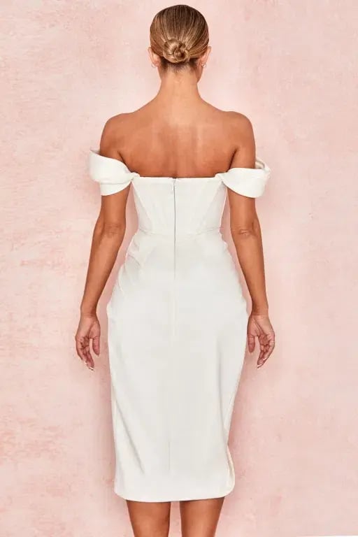 House of CB Loretta Satin Off Shoulder Midi Dress Ivory Size XS / Au 6 photo 2