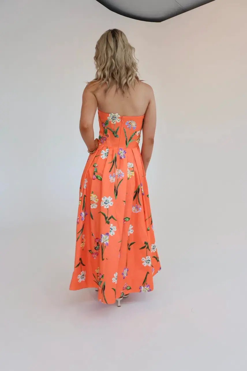 Leo Lin Lynn Bustier Midi Dress in Wild Flower in Coral Size 8 photo 4