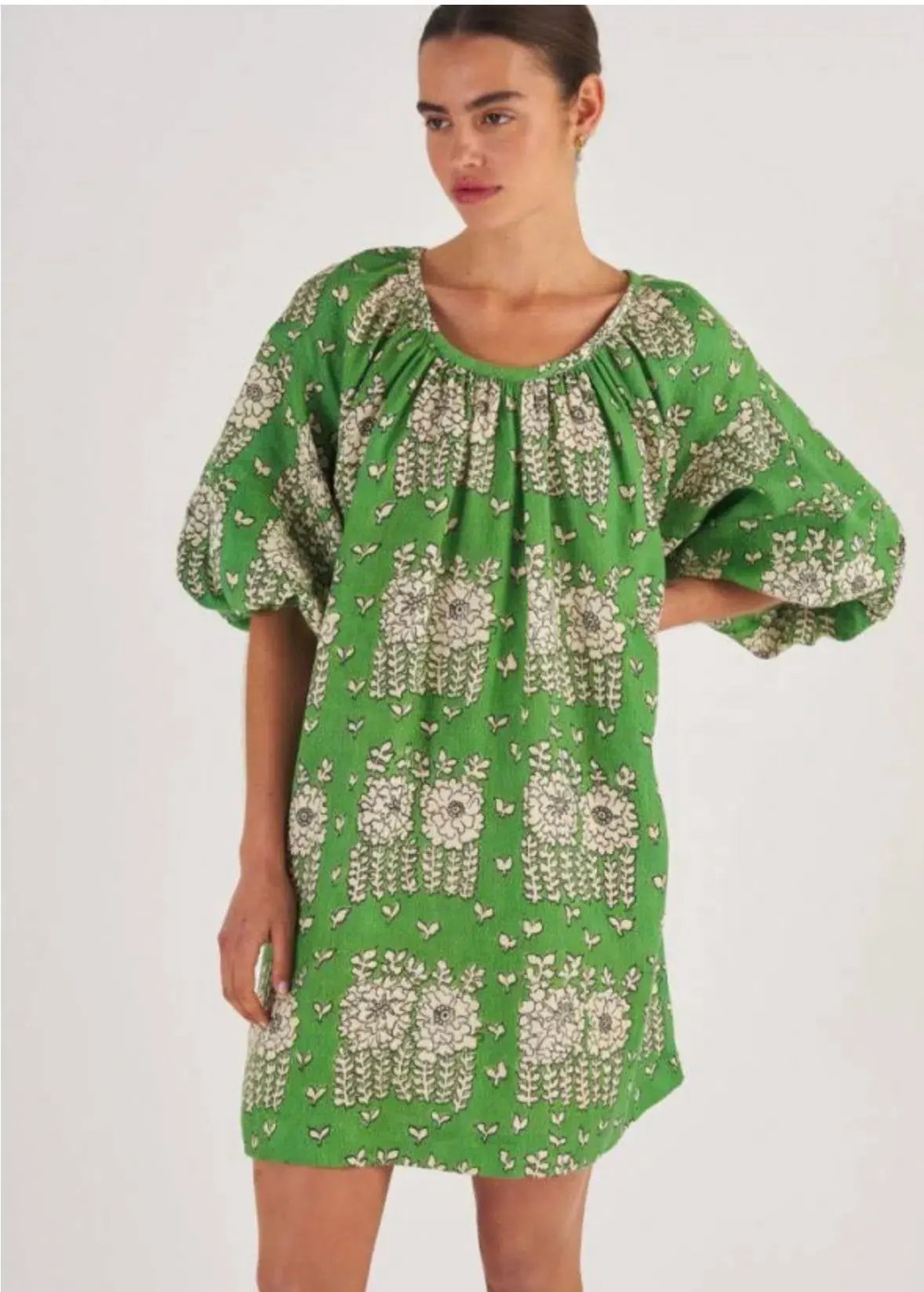 Oroton Full Sleeve Posie Print Mini Sun Dress Green Floral Size 12 photo 2