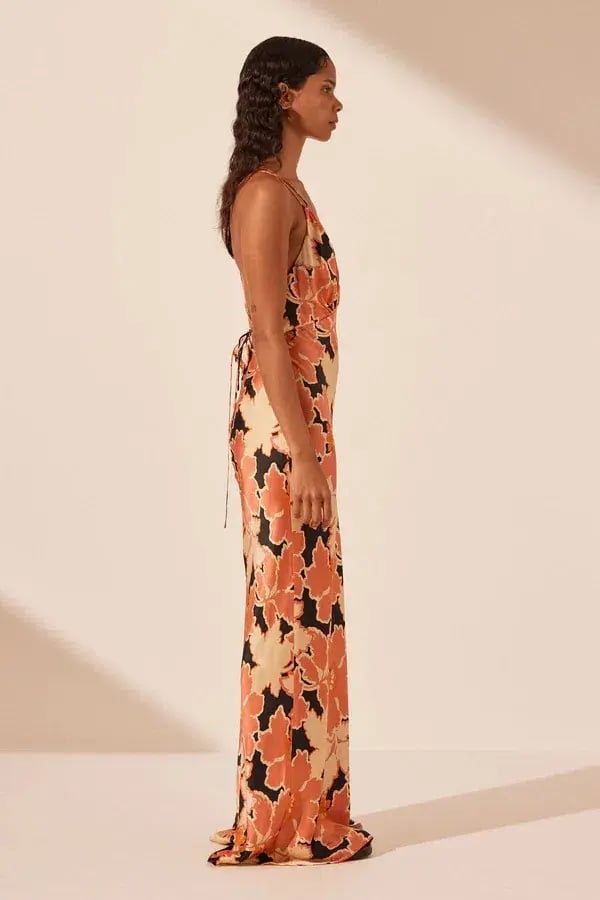 Shona Joy Rosa Silk Plunged Double Strap Maxi Dress Coral Pink/Multi Size 14 photo 2