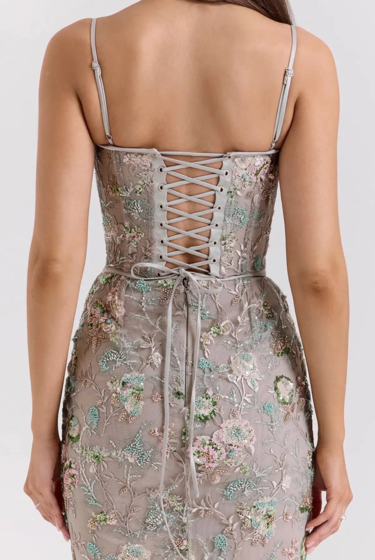 House of CB Naima Embellished Beaded Corset Maxi Dress Silver size 6 photo 7