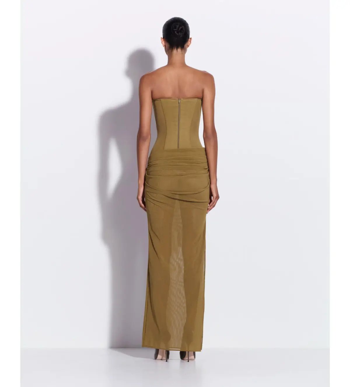 Alex Perry Strapless Longline Column in Stretch Mesh Maxi Dress Khaki Size AU 10 photo 6