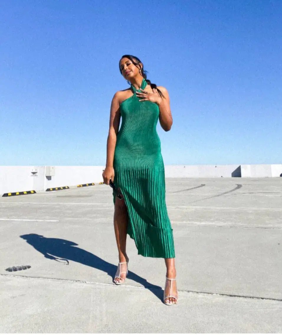 L'Idee Soiree Pleated Halter Dress Emerald Size 8 photo 2
