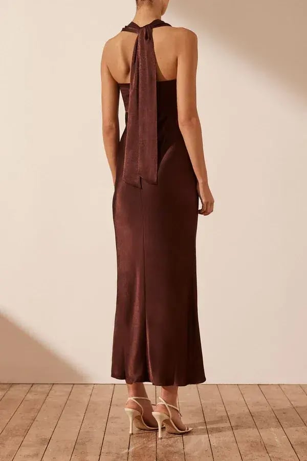 Shona Joy Lana Ruched Halter Midi Dress in Cocoa Size 14 photo 3