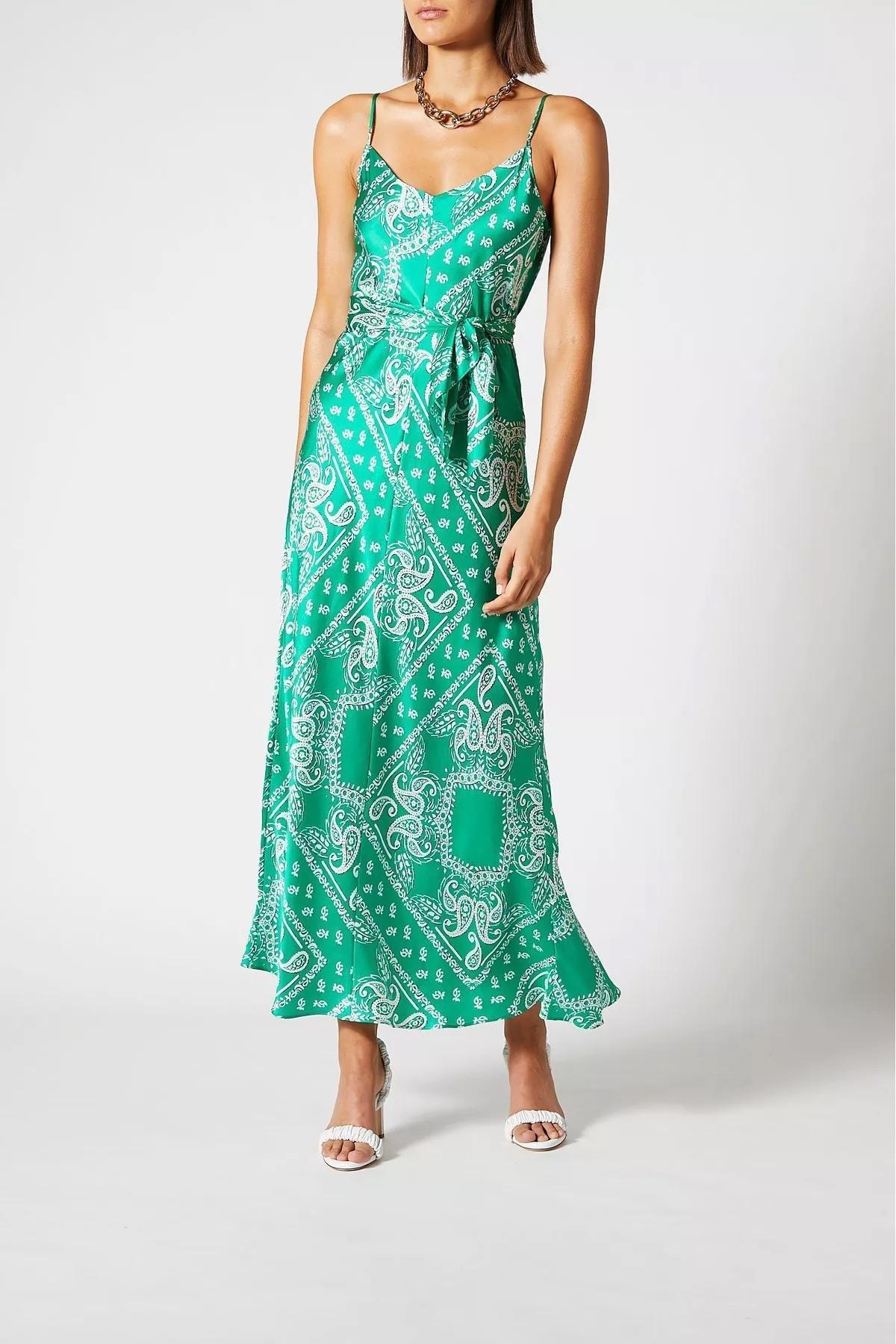 Scanlan Theodore Silk Paisley Long Slip Dress Green Size 10 photo 4