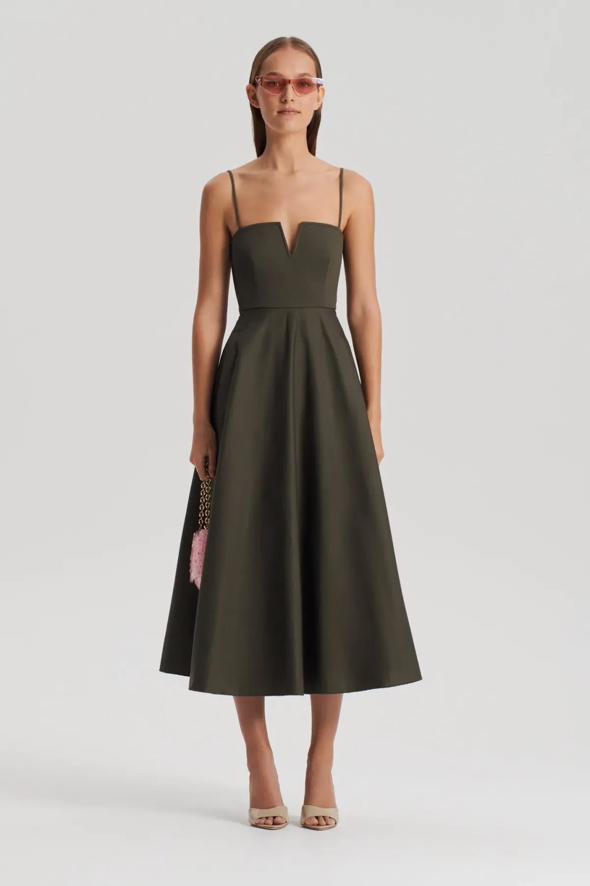 Scanlan Theodore Sateen Resin Trim Dress Khaki Size 10 photo 2