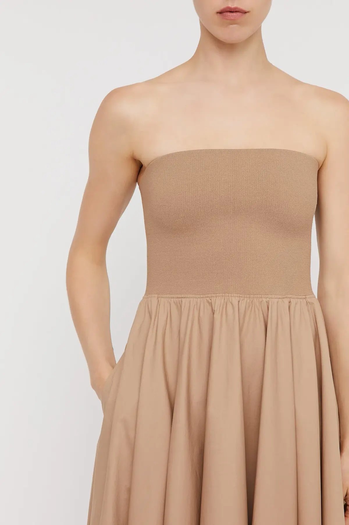 Scanlan Theodore Crepe Knit Cotton Strapless Dress Camel Size 6 photo 2