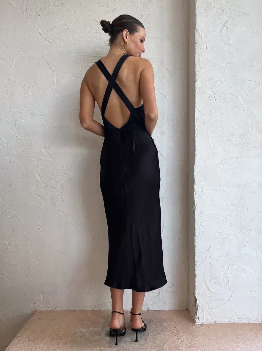 Shona Joy Camille Lace Cross Back Midi Dress Black Size 6 photo 2